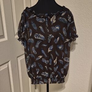 Forever 21 Feather Print Blouse - Brown and Blue